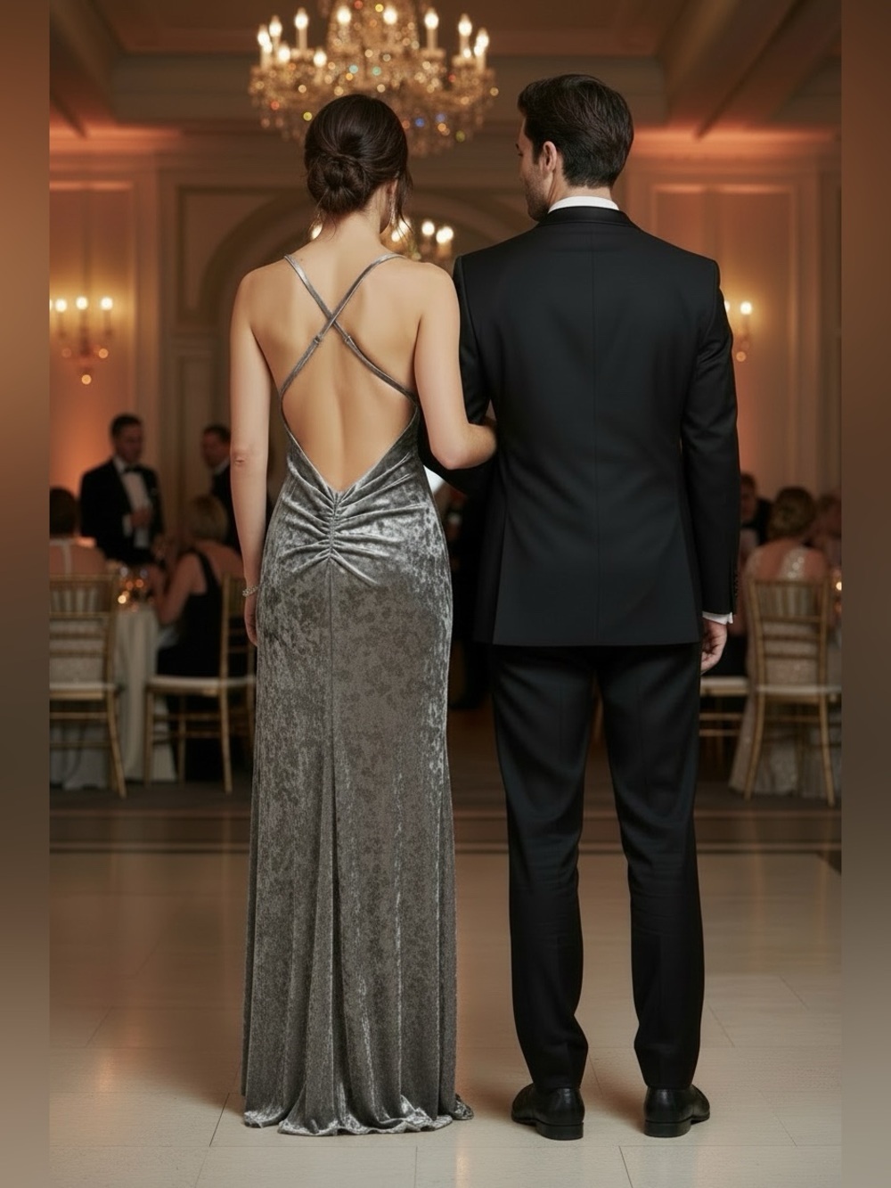 Silver Crushed Velvet Formal NYE Cocktail Party Long Dress Open Back Size 7 NWT